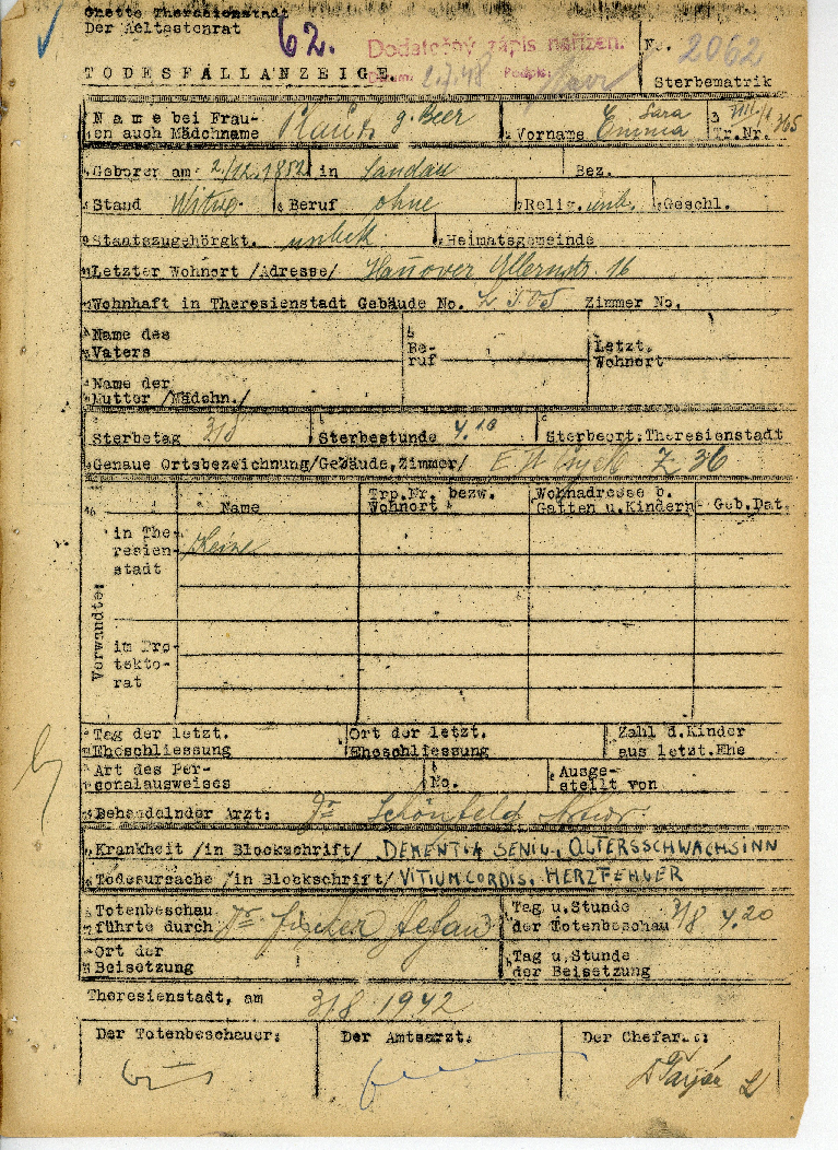 Todesfallanzeige für Emma Plaut,  Theresienstadt 31.08.1942(Nationalarchiv Prag HBMa, Inv. Nr.  2956 –  digitalisiert durch die Theresienstadt Initiative, Prag)